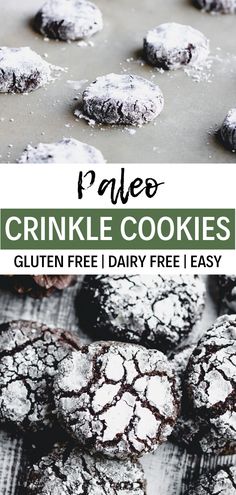 chocolate crinkle cookies with powdered sugar on top and the title text overlay reads pale crinkle cookies gluen free i dairy free easy