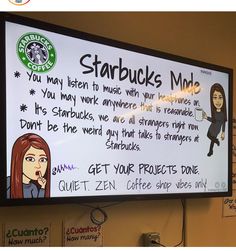 a starbucks coffee advertisement on the wall above a large screen tv with writing about starbucks's music