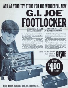 an advertisement for the g i joe footlocker with a young boy looking inside