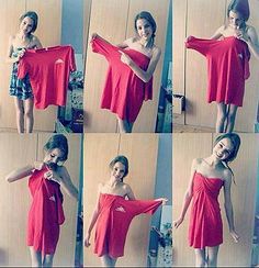 four pictures of a woman in a red dress with her hands on her hips and holding up a shirt