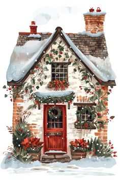 a watercolor painting of a house with christmas decorations on the front door and windows