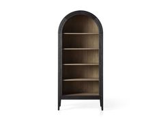 an arch shaped bookcase with shelves on the front and bottom, against a white background