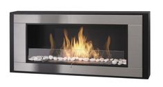 an image of a modern fireplace with fire and rocks on the bottom shelf in stainless steel