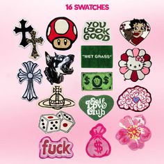 various patches and stickers on a pink background