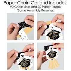 the instructions for how to make paper chain garlands with graduation caps and tassels