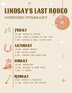 a flyer for the lindsay's last rodeo weekend, with an image of various items