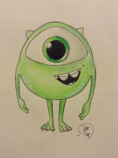 a drawing of a green monster with big eyes