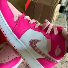 Air Jordan 1 Mid GS 'fierce Pink'. Barbie Pink Sneakers With Crystal Swooshes - Etsy Casual Shoes Women Sneakers, Air Jordan 1 Mid Gs, Funny Pix, Pink Barbie, Cute Nike Shoes, Sneakers Athletic, Cute Nikes, Pink Sneakers, Women Sneakers