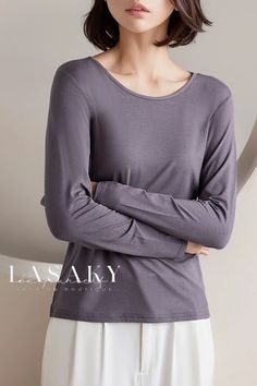 Lasaky - Premium Slim Fit Round Neck Long Sleeve T-Shirt Mockup with Undershirt Gray Crew Neck Top For Layering, Basic Long Sleeve Gray T-shirt, Basic Gray Long Sleeve T-shirt, Basic Gray Crew Neck Top, T Shirt Mockup, Tshirt Mockup, Shirt Mockup, Long Sleeve T Shirt, Mockup