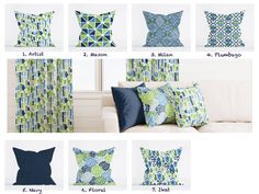 the different patterns and sizes of pillows are shown in blue, green, and white