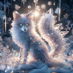 an image of a fox with snowflakes on it's head and tail