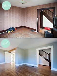 before and after pictures of a living room remodel with hard wood flooring