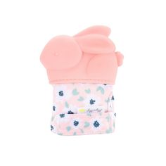 a pink and blue toy with an animal on it's back pocket, sitting in front of a white background