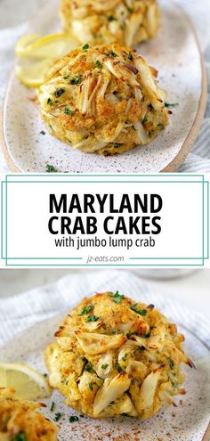 crab cakes with jumbo lump crab on top and lemon wedges in the middle