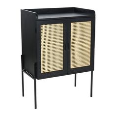 a black cabinet with wicker doors and legs on the bottom, against a white background