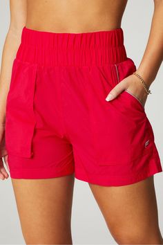 Ultra High-Waisted Piped Nylon Short Fabletics red female Activewear >> Womens >> Bottoms >> Shorts regular Everyday/Training External Pockets/Reflective Lightweight nylon shorts. Female Activewear, 2piece Outfits, Nylon Shorts, Olive Grove, French Stripes, Comfortable Style, Bottoms Shorts, Model Photos, Low Key