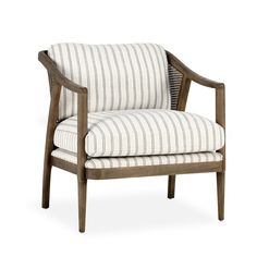 the arm chair is upholstered with ticking fabric and wooden frame, it has a striped