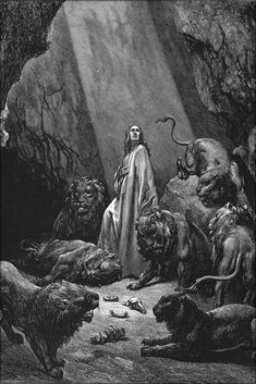 an image of jesus surrounded by lions in the cave with text that reads, daniel in the den of lions