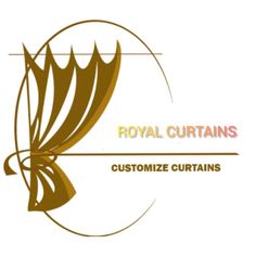 the royal curtains logo is shown in gold and red colors, with an abstract design on it