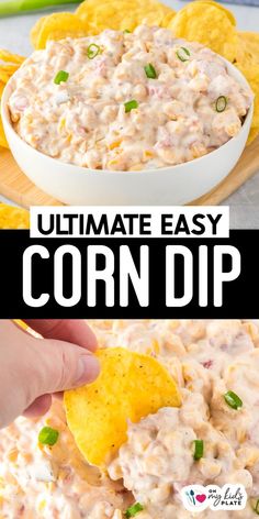 a hand dipping a tortilla chip into a bowl of corn dip