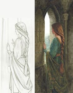 two drawings of women in medieval dress looking out an open window at another woman with long hair