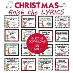 christmas cards with the words,'finish the lyrics'and an image of santa