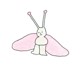 a drawing of a bunny sitting on top of a pink butterfly shaped object with its legs crossed