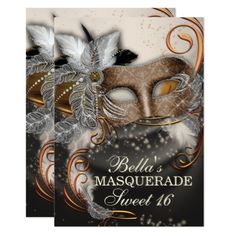 a masquerade sweet 16 birthday card with feathers and mask on the front,