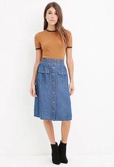 Contemporary Life In Progress Buttoned Denim Skirt | Forever 21 - 2000180833 Conservative Outfits, Denim Button Skirt, Christian Clothing, Fall Looks, Spring Outfits, Denim Skirt, Apparel Accessories