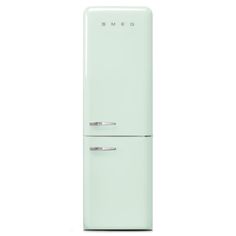 a mint green refrigerator freezer sitting on top of a white wall