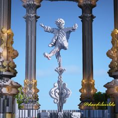 a statue made out of legos is shown in front of an arch with columns