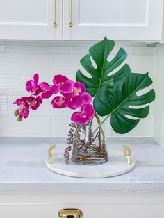 a plant in a glass vase on top of a marble counter with gold handles and white cabinets