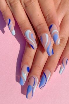 Blue Wave Swirl French Tip Almond Press On Nails Kit - TGC Boutique - Press On Nails Wave Nails, Pastel Nails Designs, Acrylic Nails Coffin Short, Short Acrylic Nails Designs, Fire Nails, Funky Nails, Nail Arts, Best Acrylic Nails