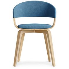 an upholstered blue chair with wooden legs and backrests, viewed from the front