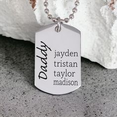 High-quality 34x22mm stainless steel dog tag necklace with custom names. Perfect size for everyday wear. It comes with a 24-inch ball chain that can be cut to length.  The great quality of Stainless steel is that it does not tarnish or fade.  Great gift for Dad, Daddy, Papa, Grandpa, Etc... Add Up to 6 kids names.. Personalized Name Dog Tag Necklace, Personalized Dog Tag Necklace For Birthday, Personalized Adjustable Dog Tag Necklace, Personalized Name Necklace For Father's Day, Personalized Dog Tag Necklaces For Father's Day, Personalized Dog Tag Necklace For Father's Day, Father's Day Hand Stamped Dog Tag Necklaces, Customizable Name Necklace For Father's Day, Personalized Dog Tag Jewelry For Father's Day