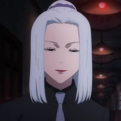 an anime character with white hair wearing a black shirt and tie, staring at the camera