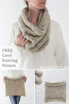 an image of a woman wearing a scarf and cowl knitting pattern with text overlay that says, free cowl knitting pattern