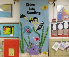 Dive into Reading Dive Into Reading Bulletin Board, Dive Into Reading, Literacy Week, Nautical Classroom, Read A Thon, Ocean Classroom, Summer Bulletin Boards, Ocean Theme Classroom, Reading Month