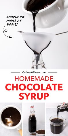 homemade chocolate syrup being poured into a coffee pot with the words homemade chocolate syrup on it