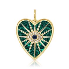 This Gold Diamond Sapphire Evil Eye Heart Pendant features diamonds set in 14k Yellow Gold. Sold as a single Gold 2.80 grams Diamond 0.06 cts Malachite 9.64 cts Sapphire 0.12 cts Flat Back Earrings, Solid Gold Earrings, Loop Earrings, Pinky Ring, Lariat Necklace, Diamond Bracelets, Gemstone Bracelets, Chain Earrings, Link Bracelets