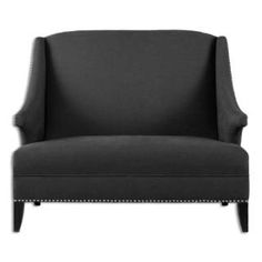 an upholstered black chair with studding on the legs and armrests