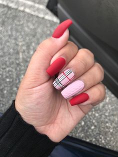 Sweater Valentines Nails, Red Flannel Nails, Red Plaid Nails, Deer Nails, Red Coffin, Hot Pink Nails, Plaid Nails, Sweater Nails, Pretty Nail Designs