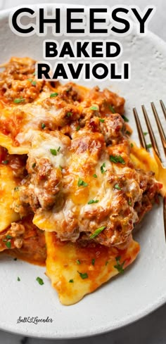 cheesy baked ravioli on a plate with a fork