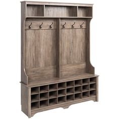 a large wooden coat rack with two coats on it's sides and four cubby bins