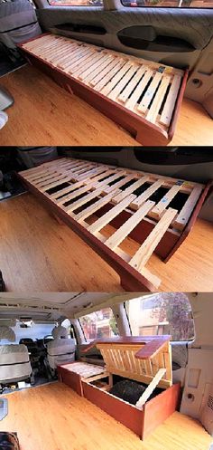 there are two pictures of the inside of a van with drawers in it and one is empty