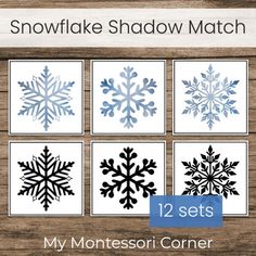 the snowflake shadow match is displayed on a wooden background with four different designs