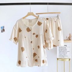 Women's Cartoon Print 2 Piece Pajama Set — Original Pajamas Relaxed Fit Summer Nightgown For Pajama Party, Summer Nightgown For Pajama Party With Relaxed Fit, Beige Sleepwear For Pajama Party In Summer, Beige Summer Sleepwear For Home, Summer Beige Sleep Sets, Beige Short Sleeve Sleepwear, Beige Short Sleeve Sleepwear For Pajama Party, Summer Beige Loungewear Nightgown, Summer Beige Nightgown For Loungewear