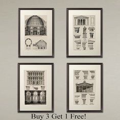 four black and white framed pictures with the words buy 3 get free on them in front of