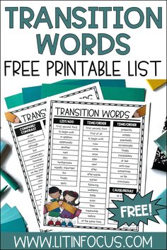 the transition words printable list is shown with text that reads transition words, and there are