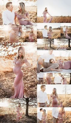 the pregnant couple is posing for their family photos